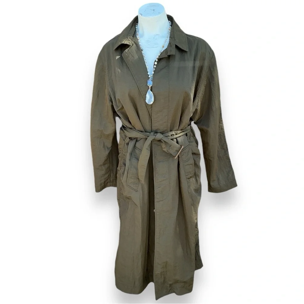 Nordstrom unisex Trench metallic vintage **XL olive green 90s Y2K crinkle belted